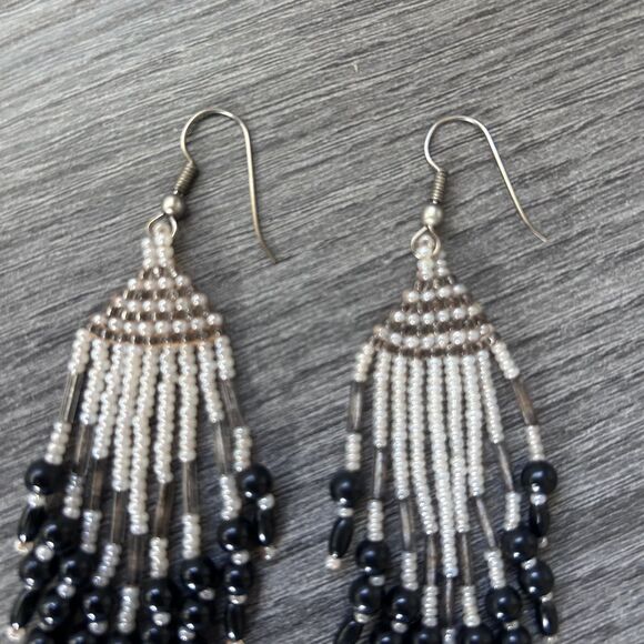 Black Silver Seed Bead Dangle Earrings Boho Fringe Handmade Style - Picture 3 of 4